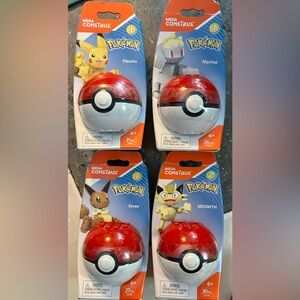 4 mega construx Pokémon Poke ball sets Pikachu Machop, Eevee, Meowth NEW